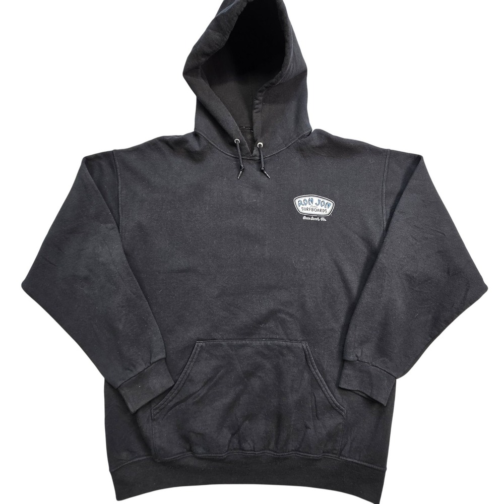 Ron Jon Hoodie Mens XL Black Heavyweight Hooded Pockets Graphic Surfboards